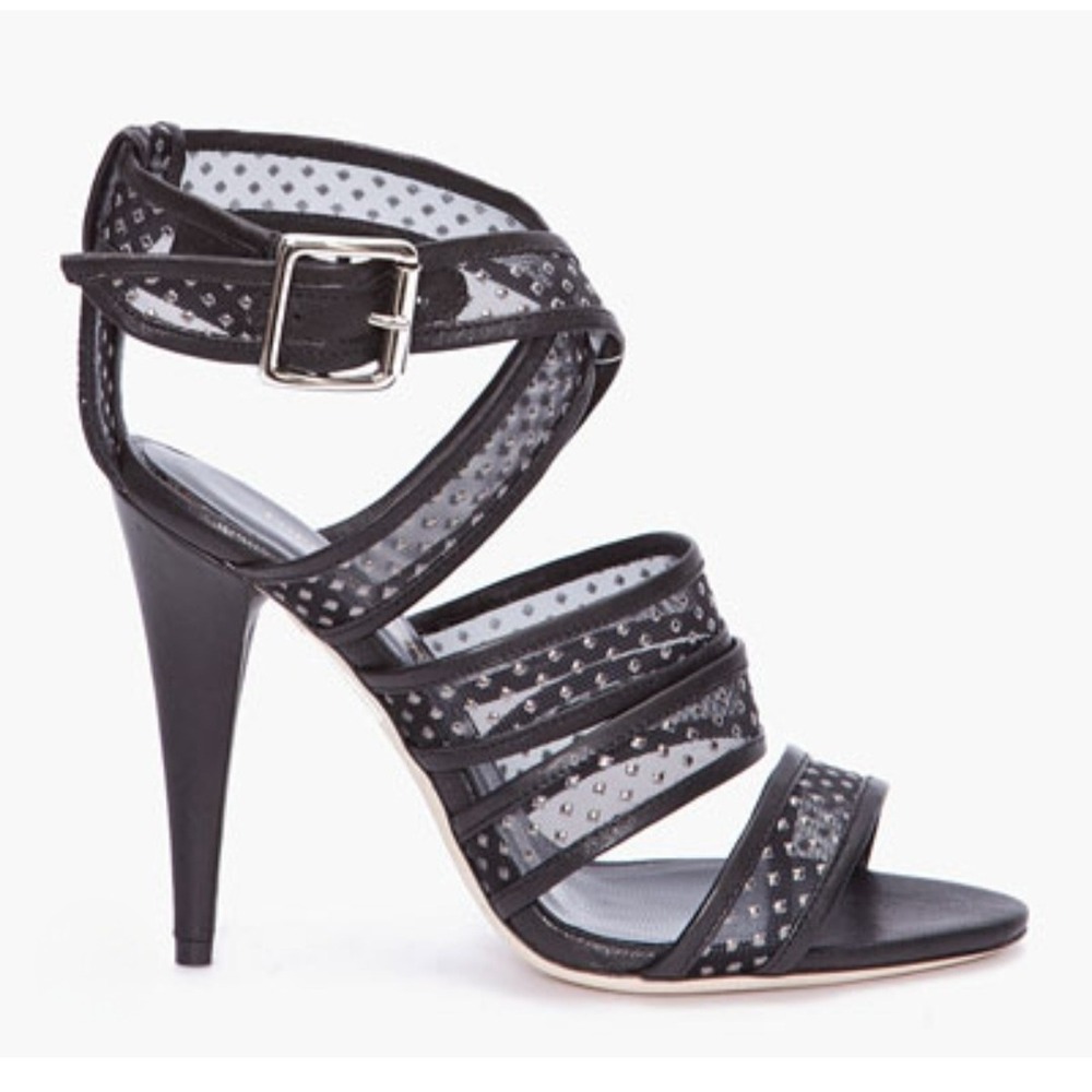 Loeffler Randall Paige Black Mesh Studded Strappy Stiletto Heels Sandals 8.5